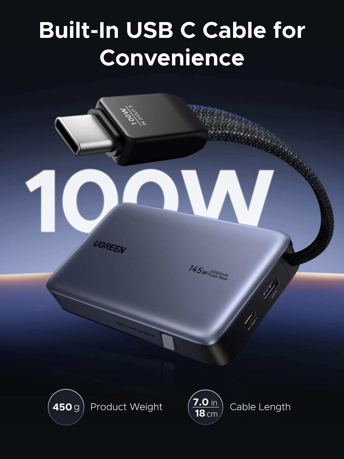 Compatible 20,000 mAh power bank with built-in USB-C cable