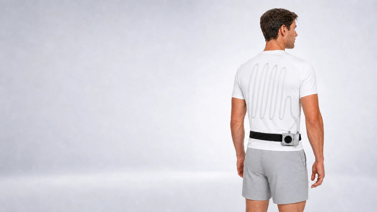 FROSTSKIN short-sleeve liquid-cooling shirt with compact waist-mounted cooling unit