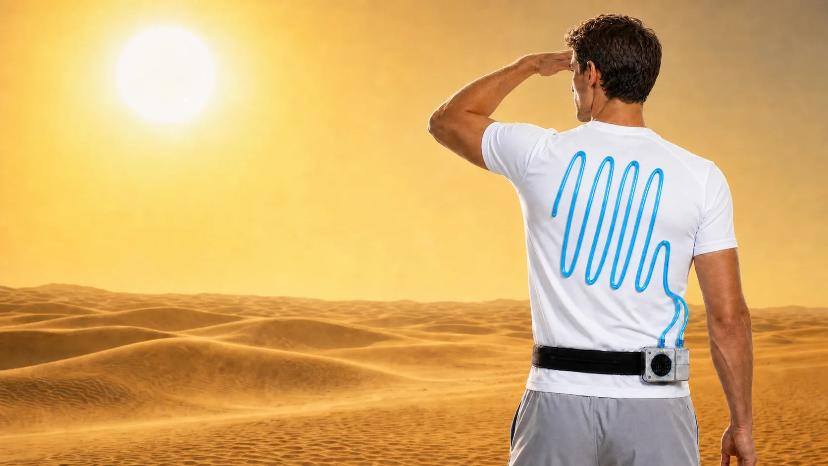 FROSTSKIN homepage model wearing the short-sleeve cooling system with Ice Blue liquid in the complete tube circuit