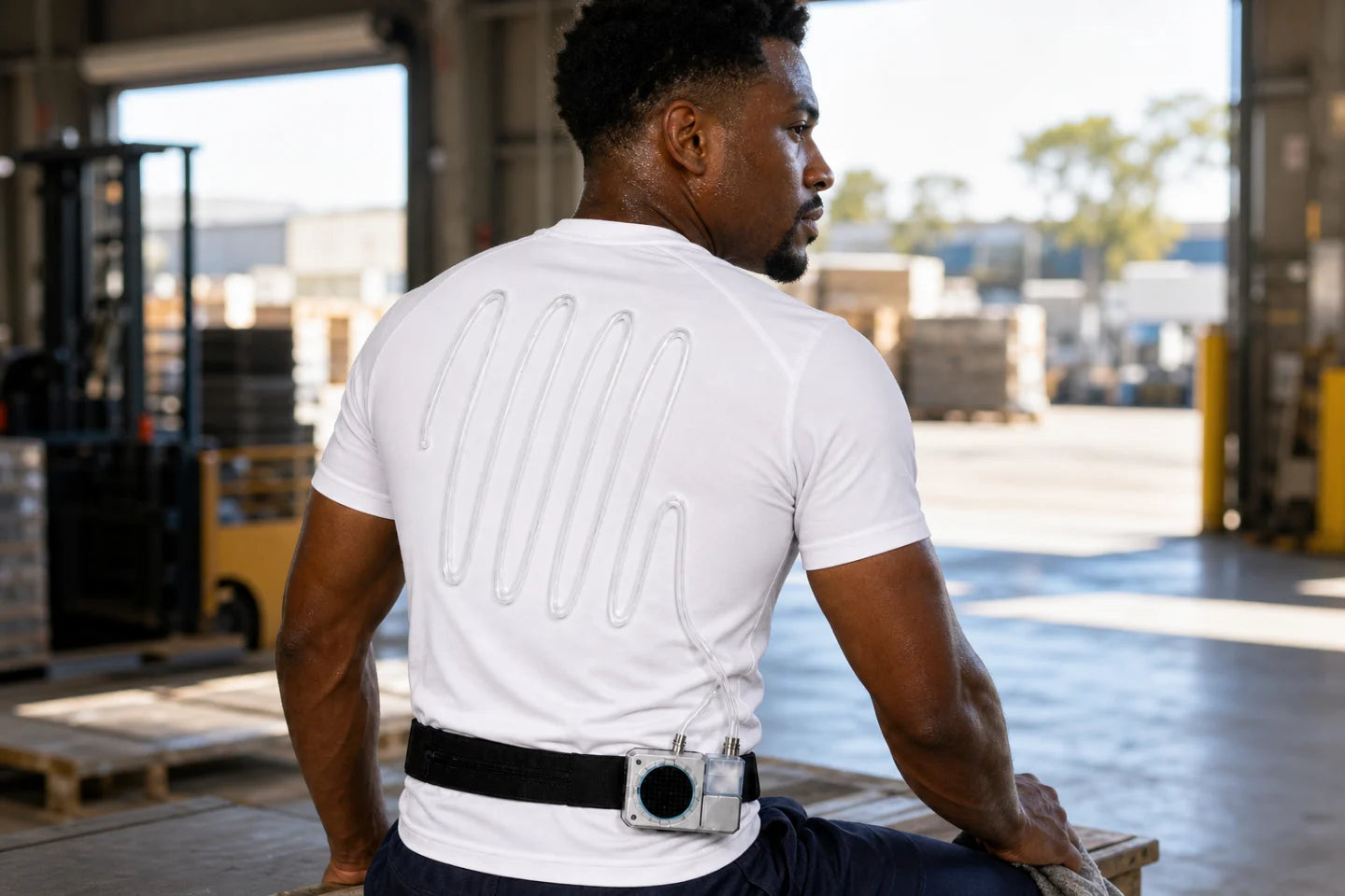 Man wearing the FROSTSKIN short-sleeve cooling system in a hot warehouse