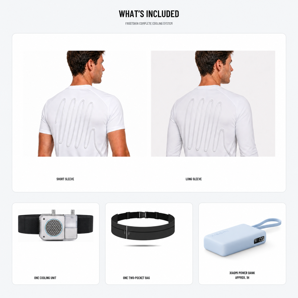FROSTSKIN Dual-Garment Cooling System complete kit with one included Xiaomi power bank, approximately 1 hour of runtime