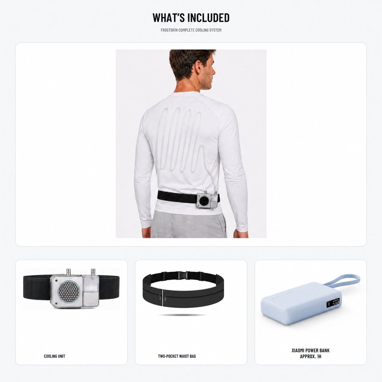 FROSTSKIN Long-Sleeve Cooling System complete kit with one included Xiaomi power bank, approximately 1 hour of runtime