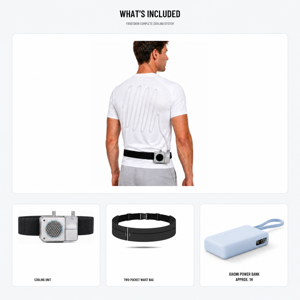 FROSTSKIN Short-Sleeve Cooling System complete kit with one included Xiaomi power bank, approximately 1 hour of runtime